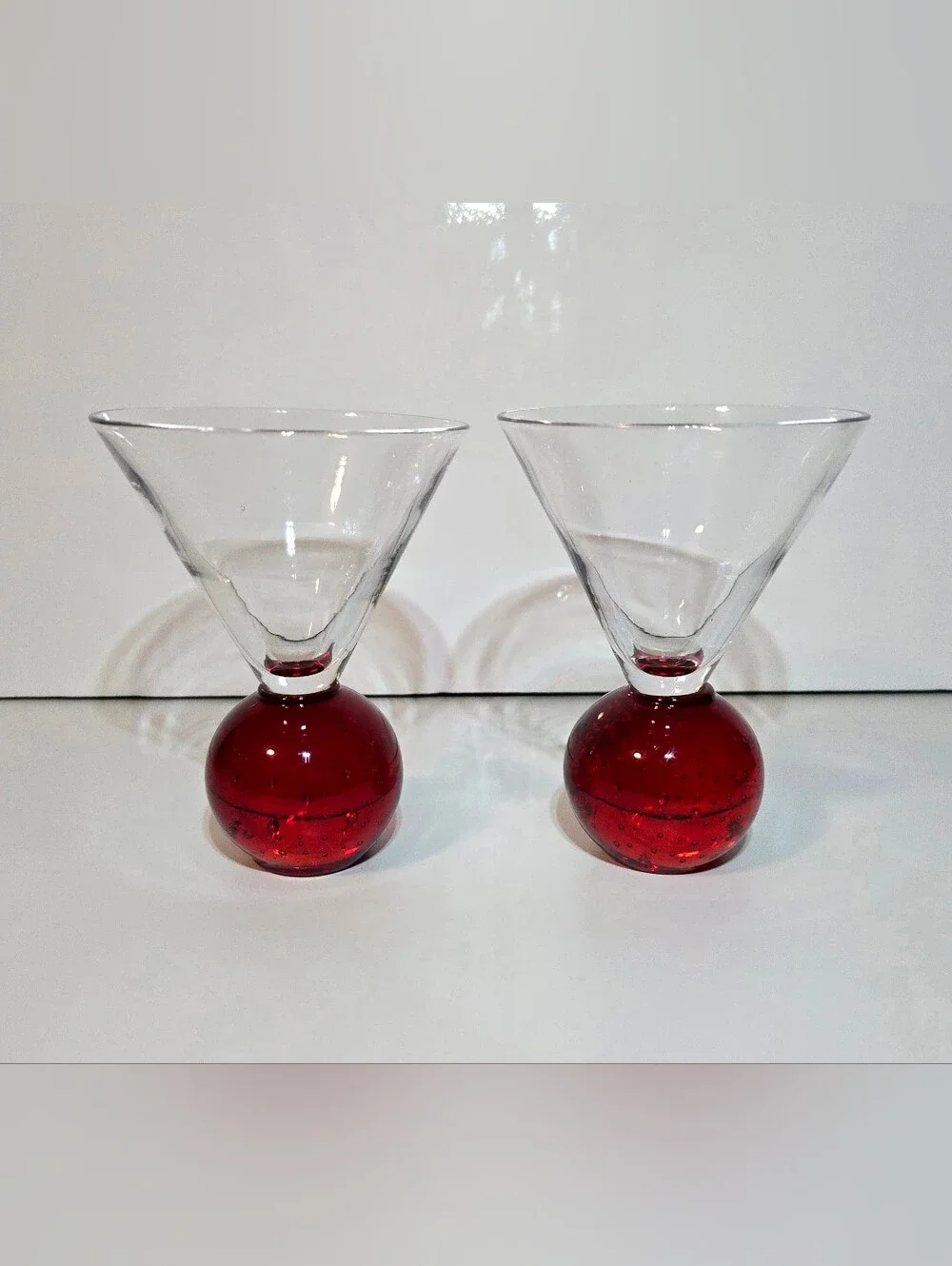 MCM Red Controlled Bubble Base Martini Glass Set of 2 Vintage Art Deco Drinkware